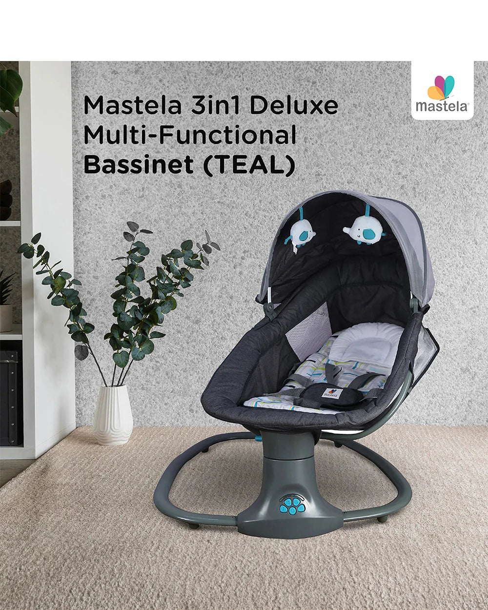 Mastela 3 in 1 Deluxe Multi Function Swing-Multi Position Recline-Canopy with Integrated Mosquito Net-3 Timer Settings & 15 Melodies with Volume Control-Upto 18 Kg-For Infants-Teal