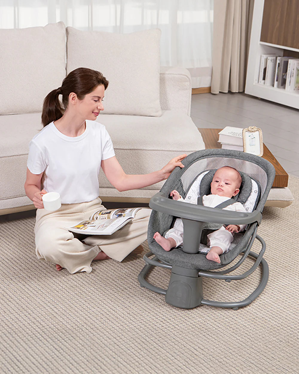 Mastela Deluxe 4 in 1 Swing & Rocker-5 Angle Side To Side Motion-Canopy with Net & Two Toys-15 Melodies With Volume Control-For 0 to 36M (Upto 15 Kg)-Dark Grey