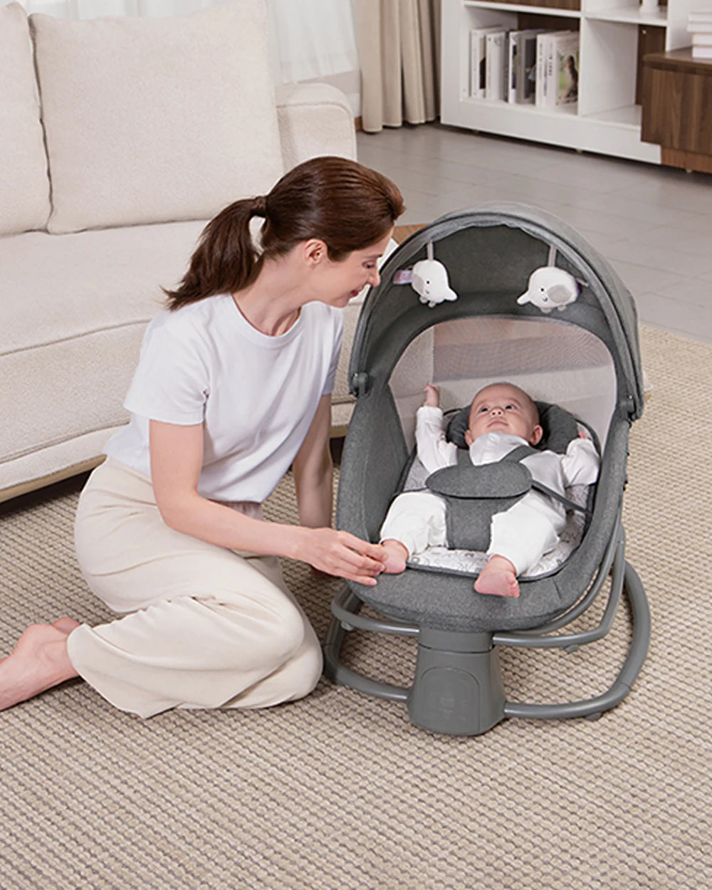 Mastela Deluxe 4 in 1 Swing & Rocker-5 Angle Side To Side Motion-Canopy with Net & Two Toys-15 Melodies With Volume Control-For 0 to 36M (Upto 15 Kg)-Dark Grey