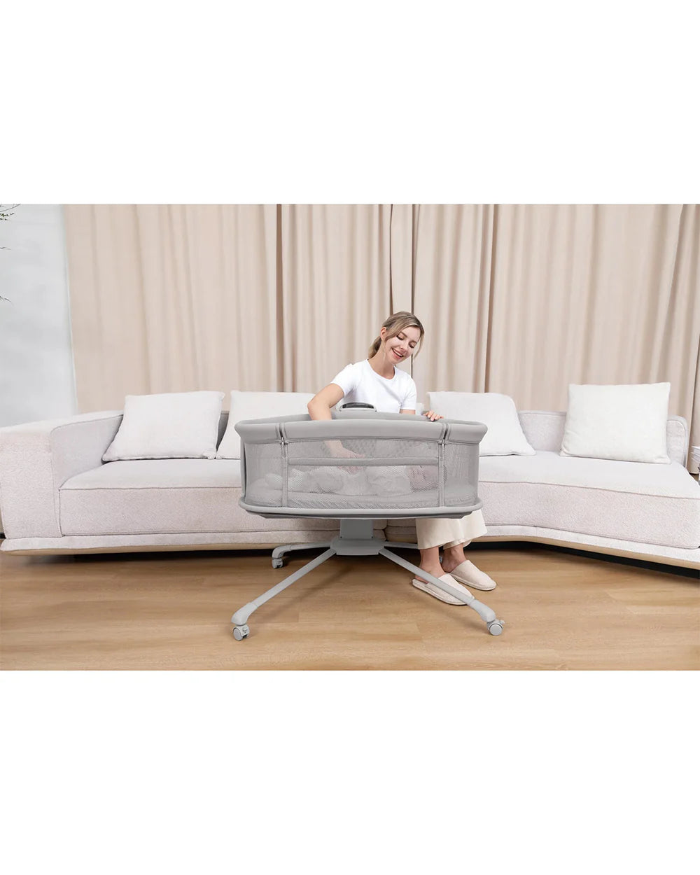 Mastela Dream Starlight Bedside Bassinet & Rocker-With Sunshade & Mosquito Net-With Removable Cradle Basket-Touch Control Panel-4 Lockable Wheels-Grey-Birth+