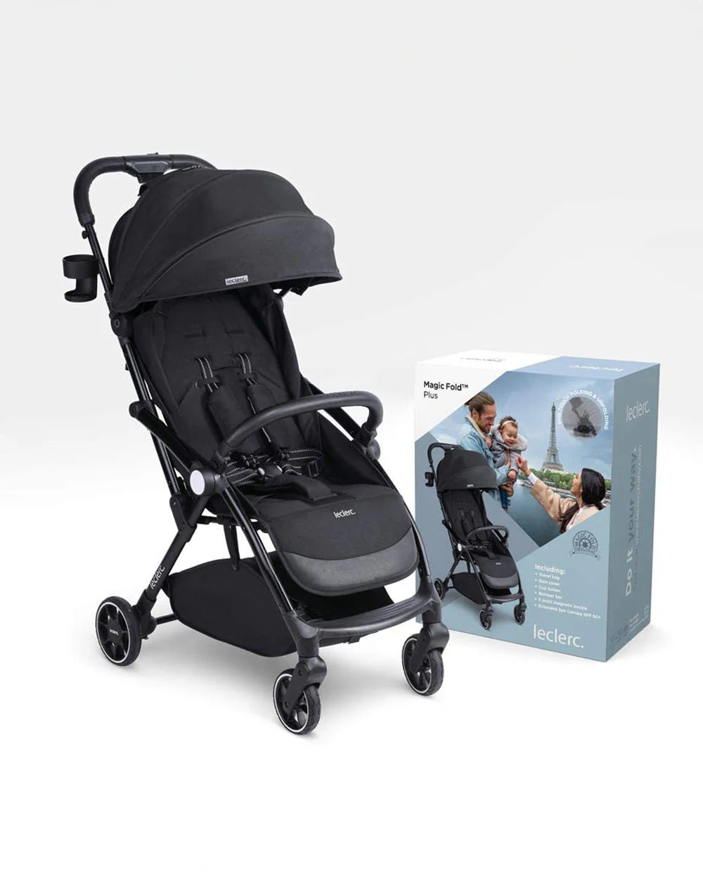 Leclerc Magic Fold Plus Cabin Friendly Stroller-Flat Reclining Seat-One Touch Fold-2 Year Warranty-for 6M to 5Y (Upto 22Kg)-Black