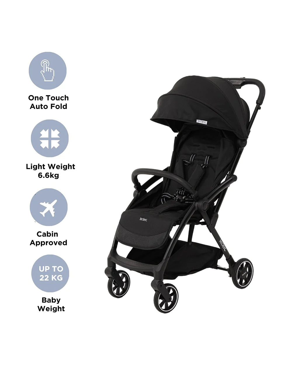Leclerc Magic Fold Plus Cabin Friendly Stroller-Flat Reclining Seat-One Touch Fold-2 Year Warranty-for 6M to 5Y (Upto 22Kg)-Black