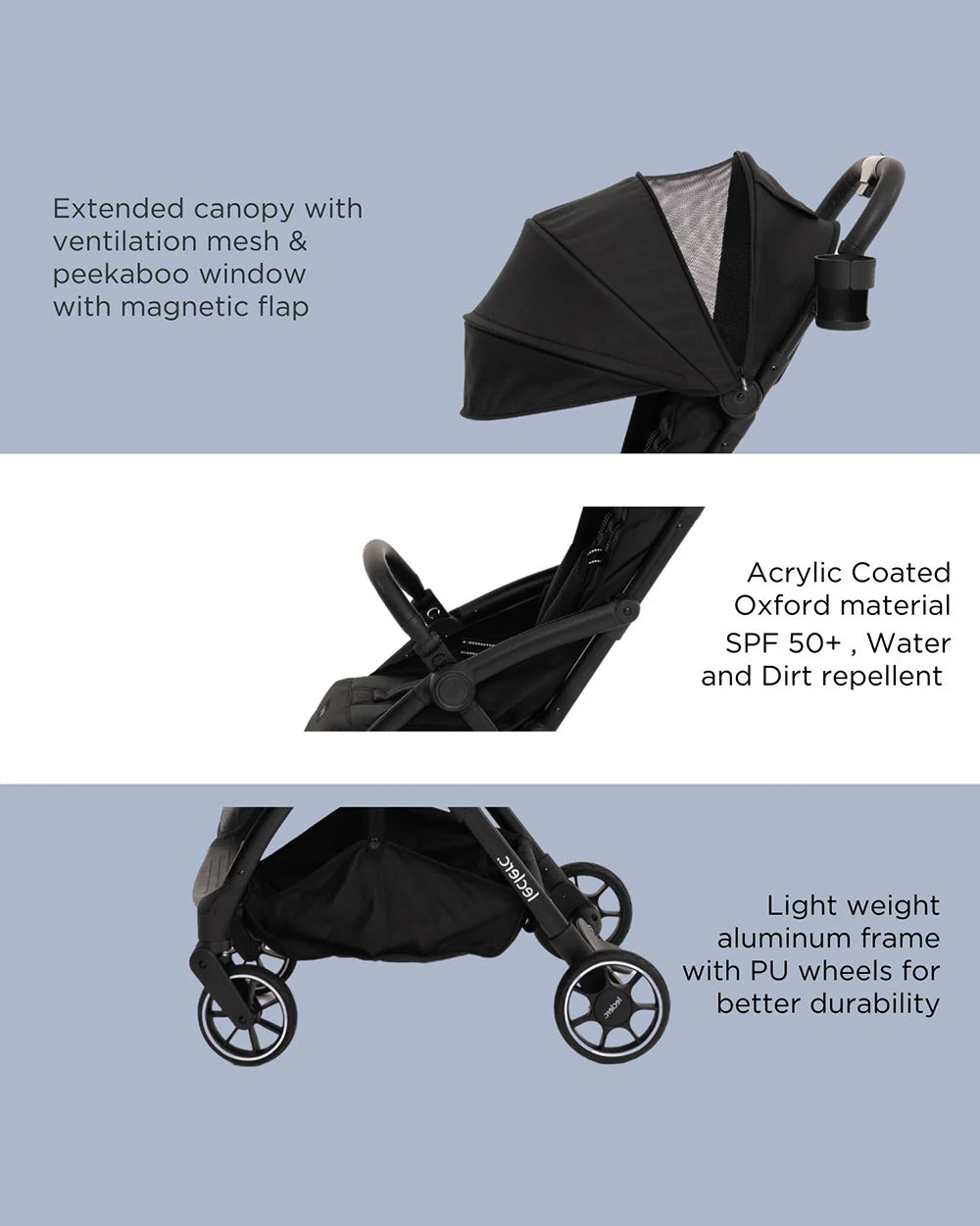 Leclerc Magic Fold Plus Cabin Friendly Stroller-Flat Reclining Seat-One Touch Fold-2 Year Warranty-for 6M to 5Y (Upto 22Kg)-Black