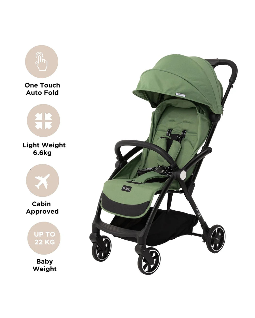 Leclerc Magic Fold Plus Cabin Friendly Stroller-Flat Reclining Seat-One Touch Fold-2 Year Warranty-for 6M to 5Y (Upto 22Kg)-Green