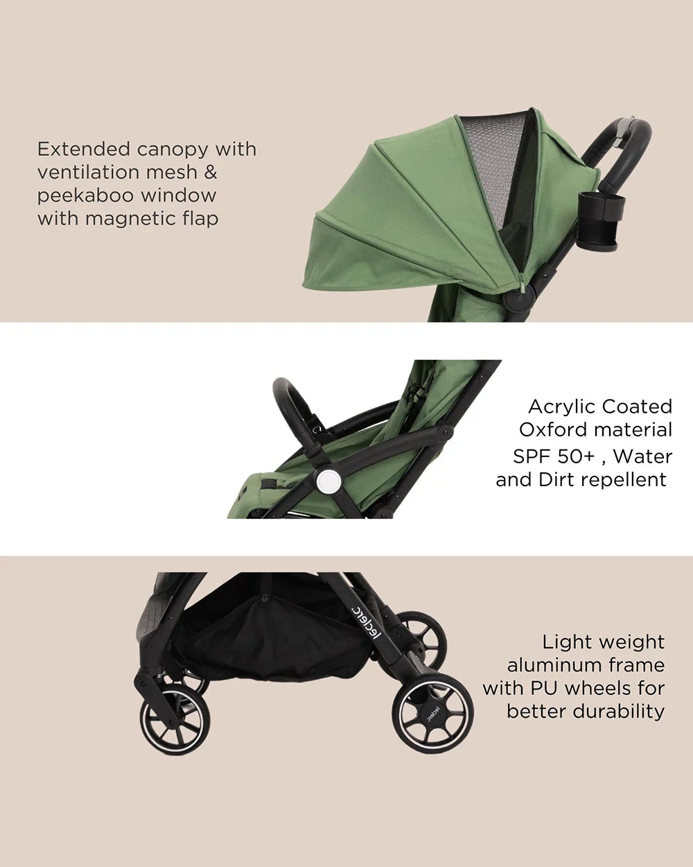Leclerc Magic Fold Plus Cabin Friendly Stroller-Flat Reclining Seat-One Touch Fold-2 Year Warranty-for 6M to 5Y (Upto 22Kg)-Green