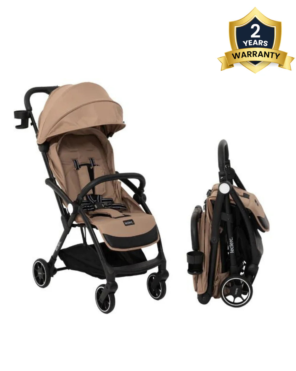 Leclerc Magic Fold Plus Cabin Friendly Stroller-Flat Reclining Seat-One Touch Fold-2 Year Warranty-for 6M to 5Y (Upto 22Kg)-Sand