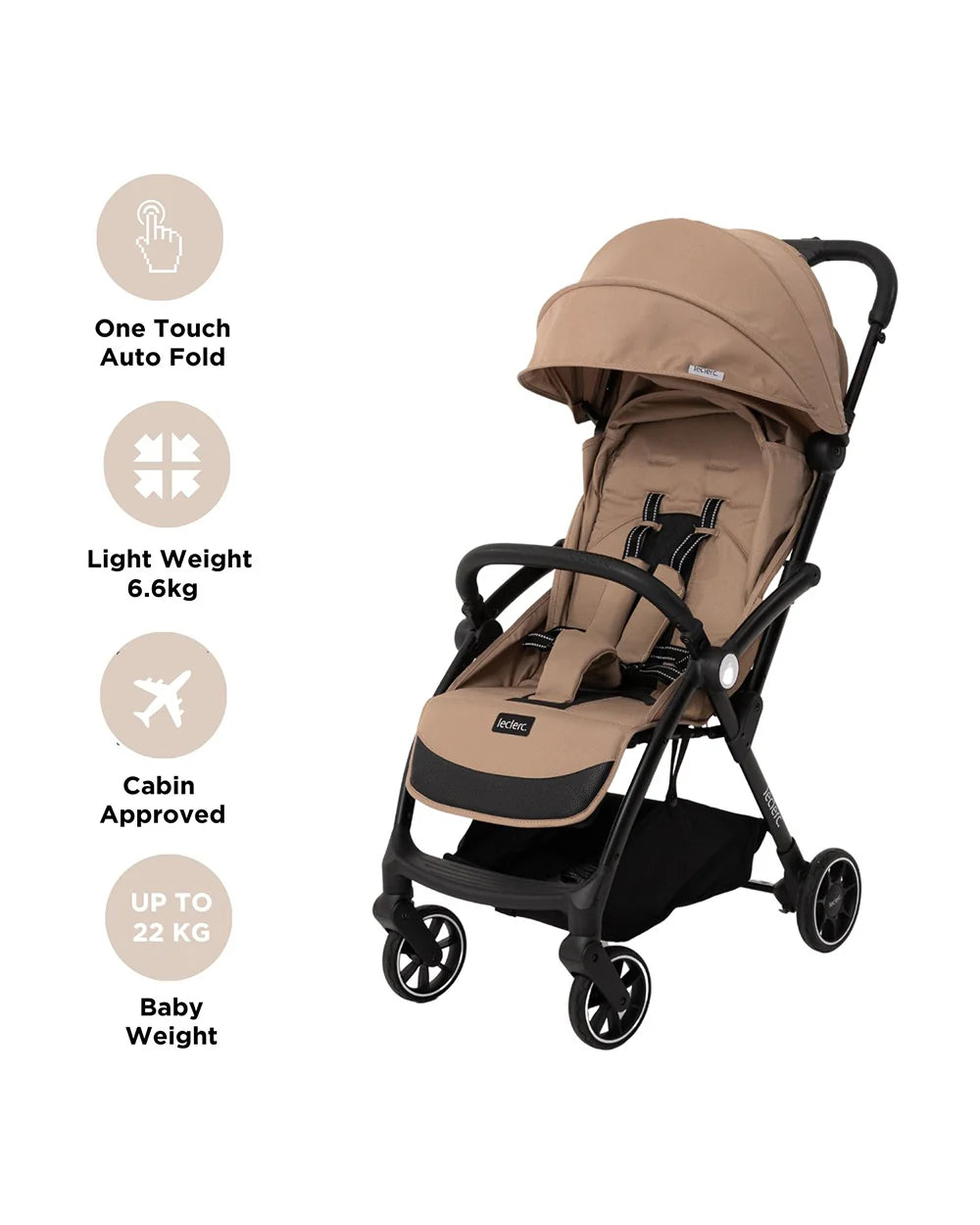 Leclerc Magic Fold Plus Cabin Friendly Stroller-Flat Reclining Seat-One Touch Fold-2 Year Warranty-for 6M to 5Y (Upto 22Kg)-Sand