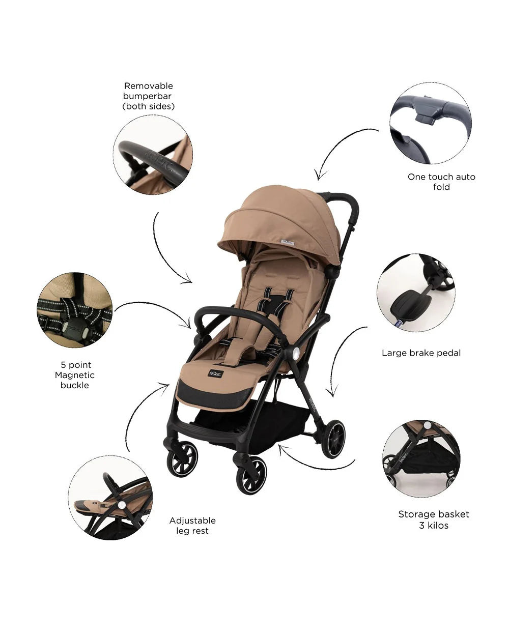 Leclerc Magic Fold Plus Cabin Friendly Stroller-Flat Reclining Seat-One Touch Fold-2 Year Warranty-for 6M to 5Y (Upto 22Kg)-Sand