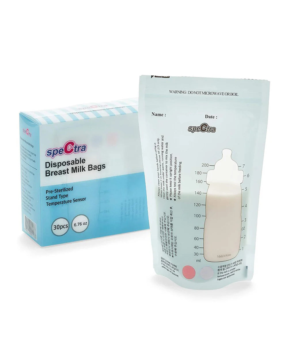 Spectra Breast Milk Storage Bags-With Temperature Indicator & Measuring Scale-Pre Sterilized-Double Lined-Zip Top Seal-200 ml-Pack of 30