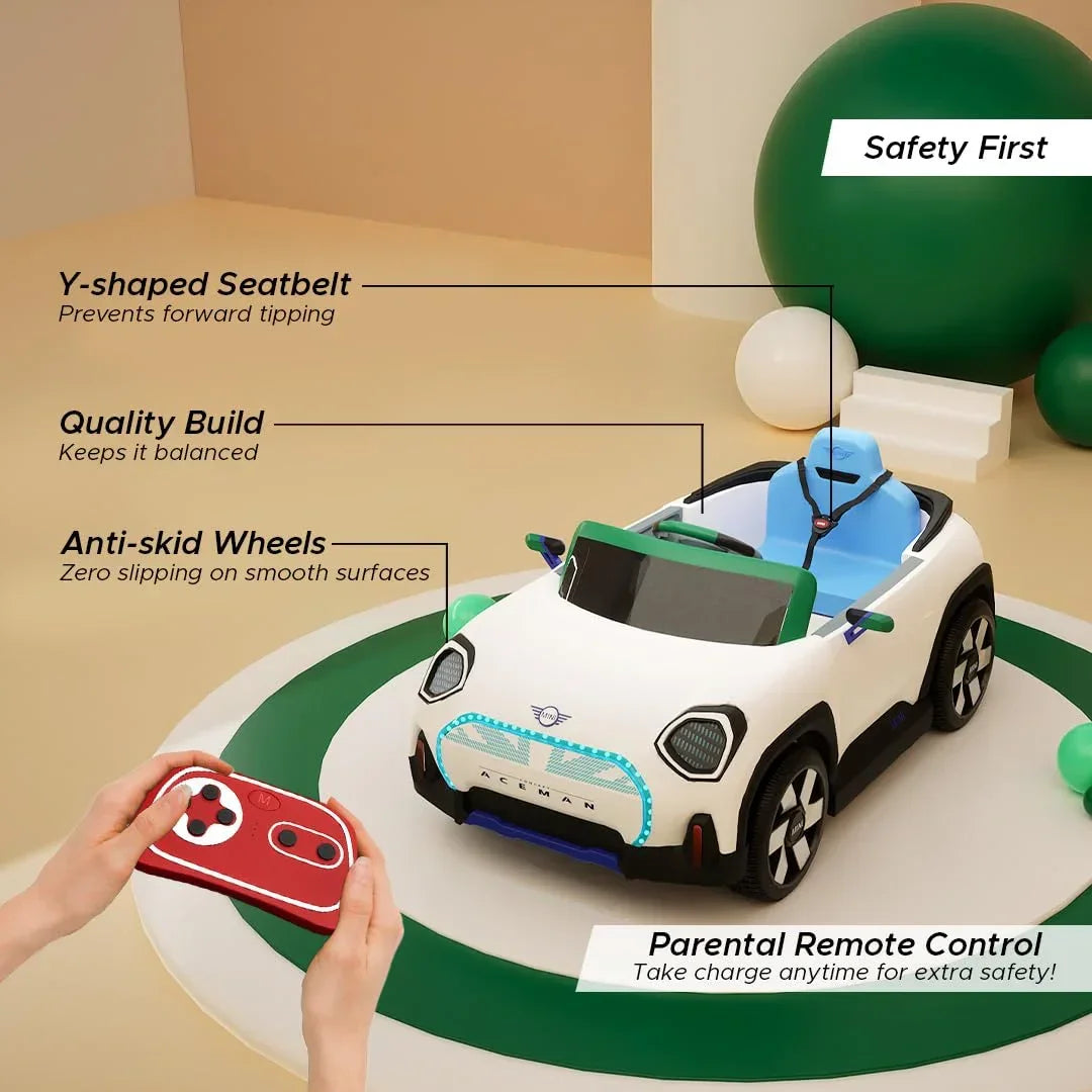 EMotorad Formula Fun MINI Cooper Aceman Ride-On Car for Kids – Battery Operated with Remote Control-White