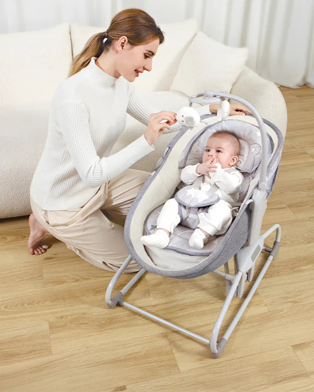 Mastela 4 in 1 Swing & Bassinet-12 Melodies-Adjustable Backrest-5 Points Harness-Breathable Mesh Sides & Soft Headrest-For 0 to 36M (Upto 9 Kg)-Light Grey