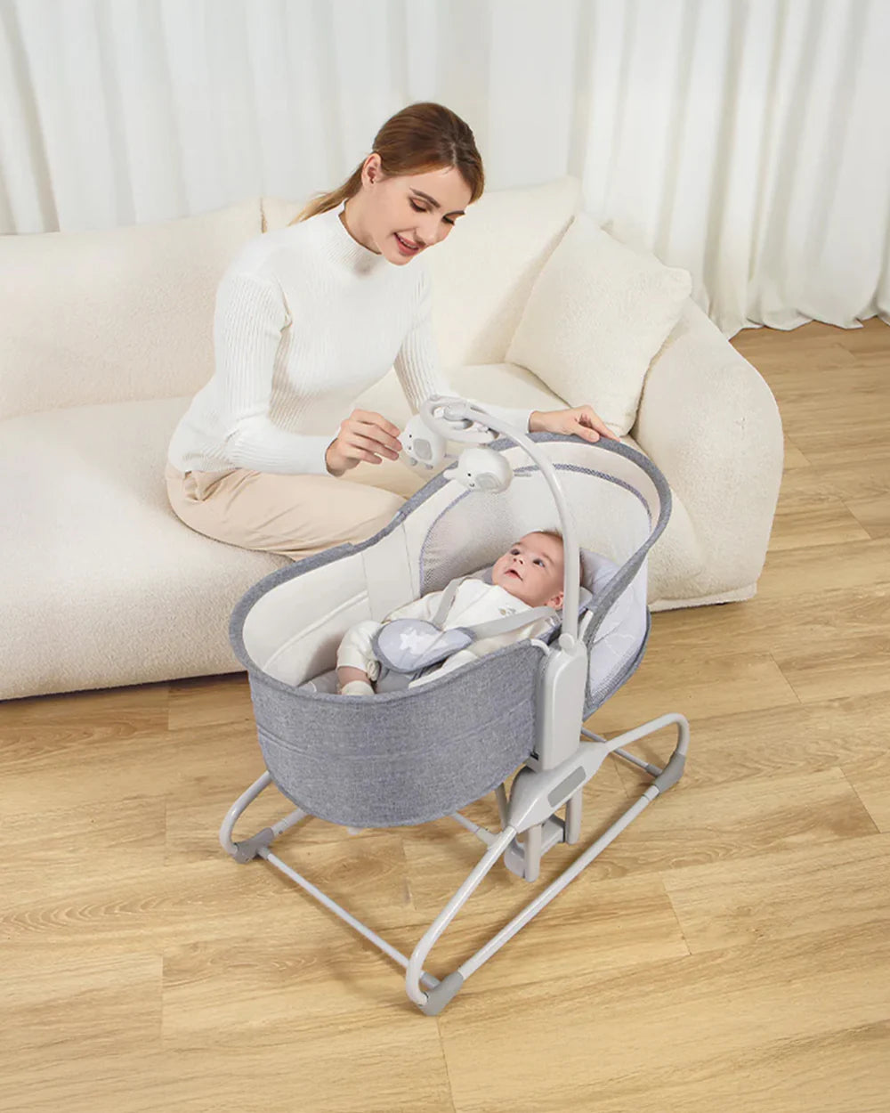 Mastela 4 in 1 Swing & Bassinet-12 Melodies-Adjustable Backrest-5 Points Harness-Breathable Mesh Sides & Soft Headrest-For 0 to 36M (Upto 9 Kg)-Light Grey