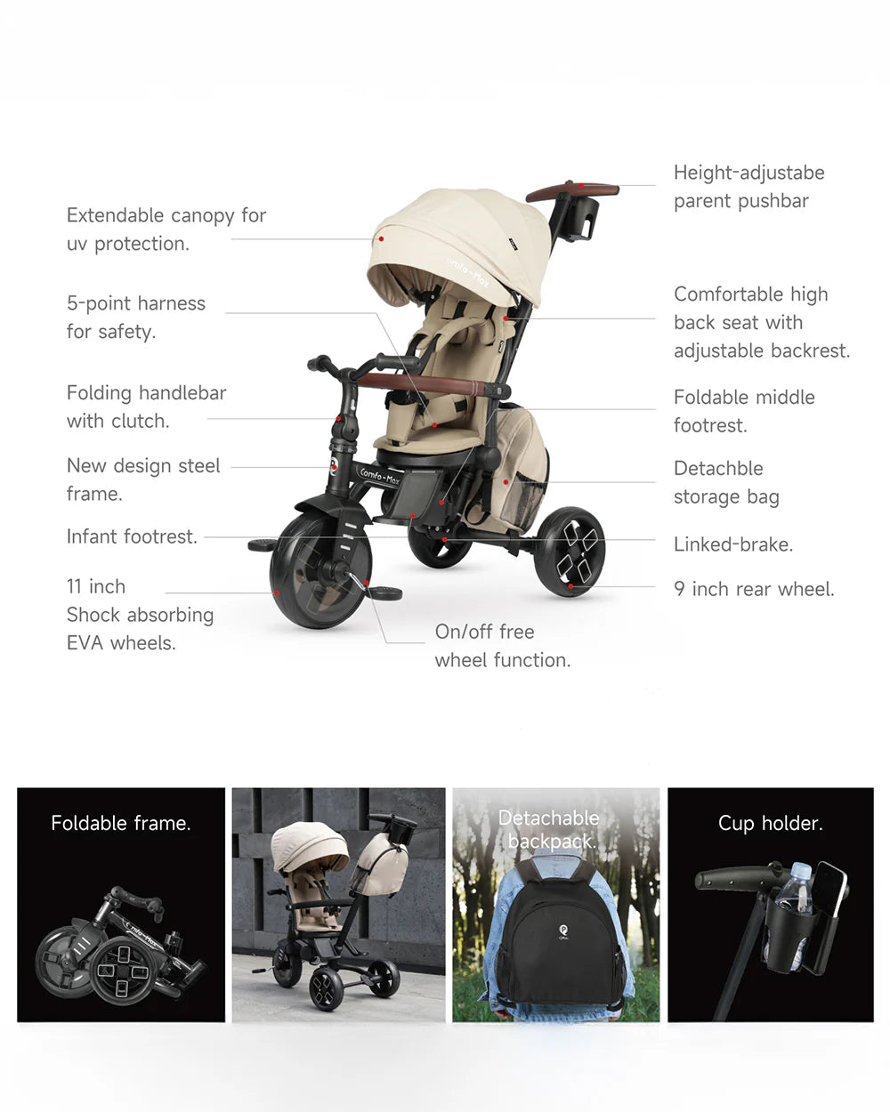 Qplay Comfo Max 7-in-1 Trike-Height Adjustable Parent Handle Bar-360 Degrees Rotating Seat-Adjustable Backrest-Foldable Frame-With Detachable Backpack-For 10M to 6Y (Upto 25 Kg)-Grey