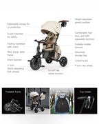 Qplay Comfo Max 7-in-1 Trike-Height Adjustable Parent Handle Bar-360 Degrees Rotating Seat-Adjustable Backrest-Foldable Frame-With Detachable Backpack-For 10M to 6Y (Upto 25 Kg)-Grey