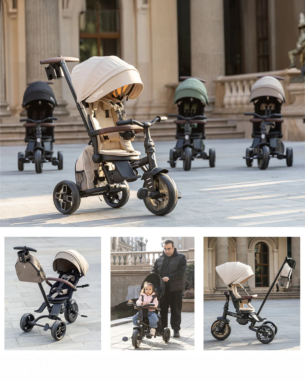Qplay Comfo Max 7-in-1 Trike-Height Adjustable Parent Handle Bar-360 Degrees Rotating Seat-Adjustable Backrest-Foldable Frame-With Detachable Backpack-For 10M to 6Y (Upto 25 Kg)-Olive Green