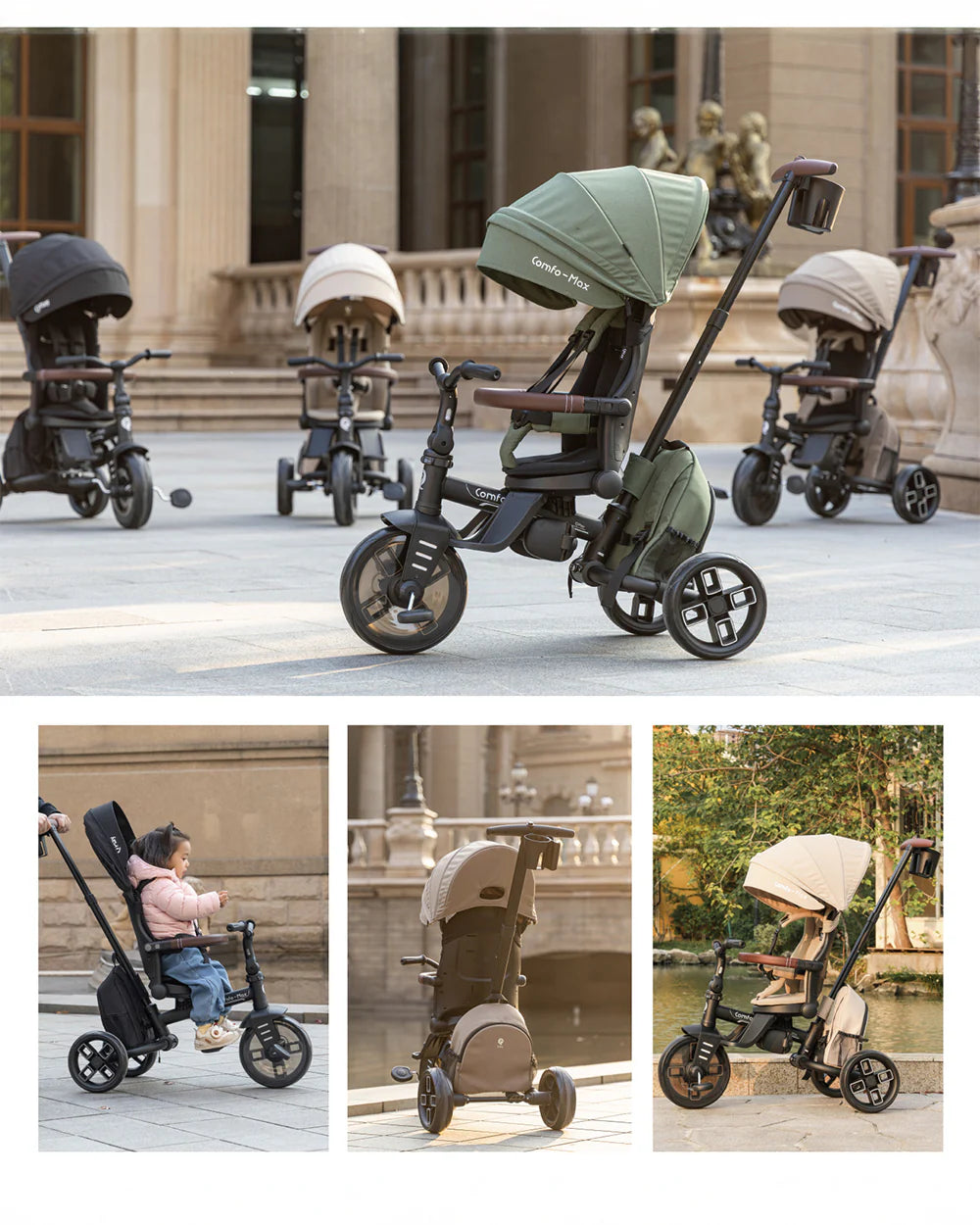 Qplay Comfo Max 7-in-1 Trike-Height Adjustable Parent Handle Bar-360 Degrees Rotating Seat-Adjustable Backrest-Foldable Frame-With Detachable Backpack-For 10M to 6Y (Upto 25 Kg)-Olive Green