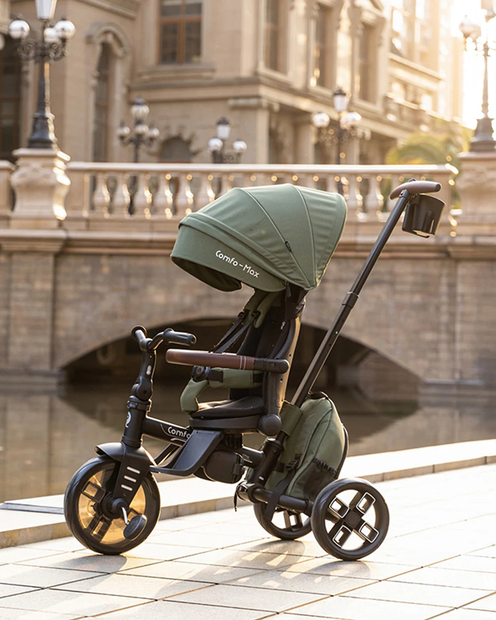 Qplay Comfo Max 7-in-1 Trike-Height Adjustable Parent Handle Bar-360 Degrees Rotating Seat-Adjustable Backrest-Foldable Frame-With Detachable Backpack-For 10M to 6Y (Upto 25 Kg)-Olive Green