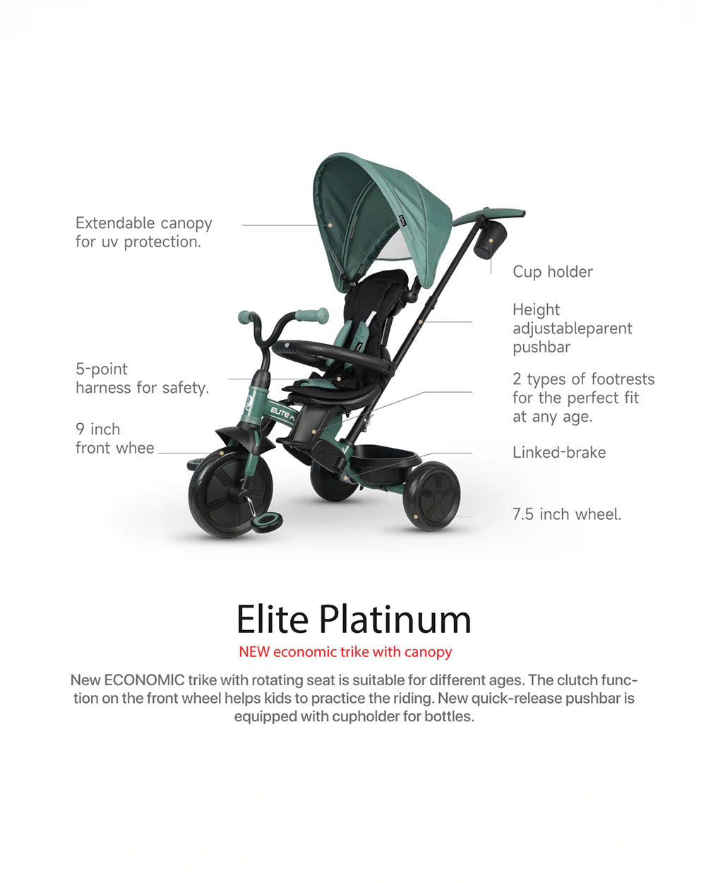 Qplay Elite Platinum 6 in 1 Trike-Height Adjustable Parent Handle Bar-360 Degrees Rotating Seat-5 Point Harness-For 10M to 6Y (Upto 25 Kg)-Green
