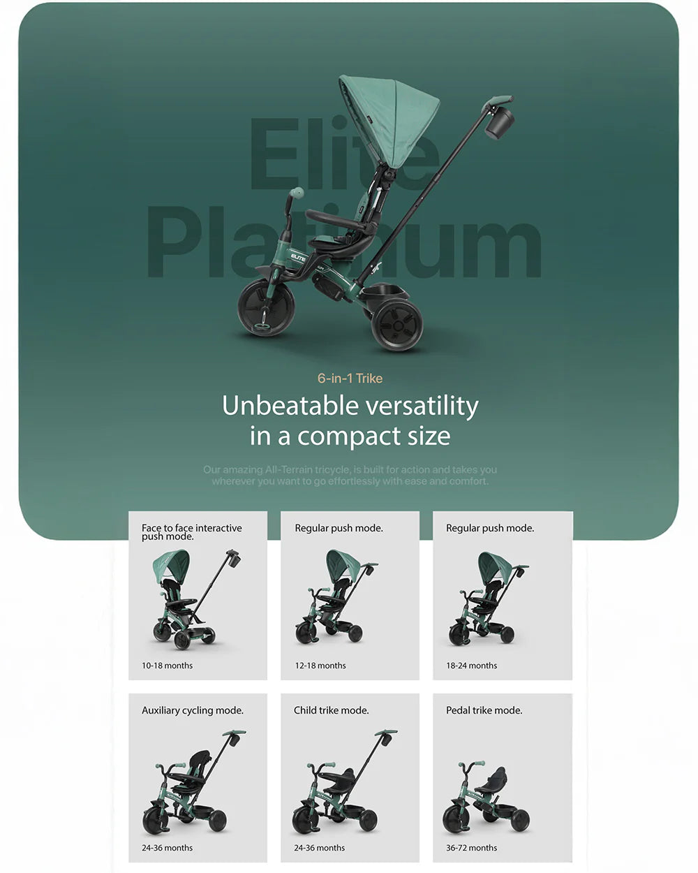 Qplay Elite Platinum 6 in 1 Trike-Height Adjustable Parent Handle Bar-360 Degrees Rotating Seat-5 Point Harness-For 10M to 6Y (Upto 25 Kg)-Green