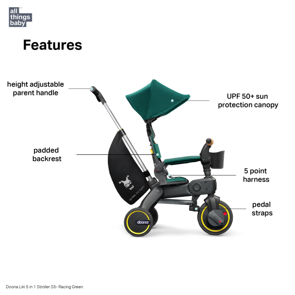 Doona™ Liki Trike S5 - Premium Foldable Trike for Toddlers, Kids/Baby Tricycle Stroller with Cushion Seat, UPF 50+ Sun Protection & Harness, Parental Control, Ages 10 Months to 3 Years-Racing Green