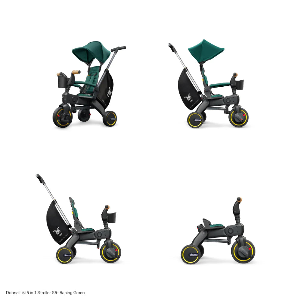 Doona™ Liki Trike S5 - Premium Foldable Trike for Toddlers, Kids/Baby Tricycle Stroller with Cushion Seat, UPF 50+ Sun Protection & Harness, Parental Control, Ages 10 Months to 3 Years-Racing Green