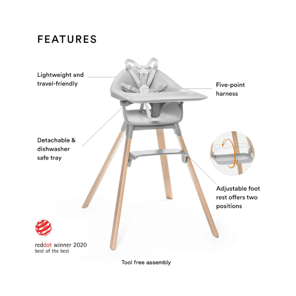 Stokke Clikk High Chair - Lightweight, Travel-Friendly Highchair for Baby with Tray & 5-Point Harness, Tool-Free Assembly in 1 Minute, Adjustable Footrest, Dishwasher-Safe BPA-Free Tray, Suitable for Babies & Toddlers 6-36 Months (Up to 15 kg) Grey
