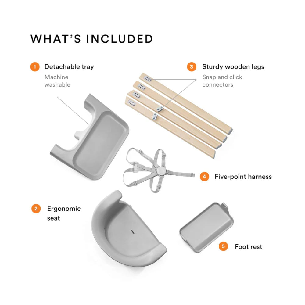 Stokke Clikk High Chair - Lightweight, Travel-Friendly Highchair for Baby with Tray & 5-Point Harness, Tool-Free Assembly in 1 Minute, Adjustable Footrest, Dishwasher-Safe BPA-Free Tray, Suitable for Babies & Toddlers 6-36 Months (Up to 15 kg) Grey