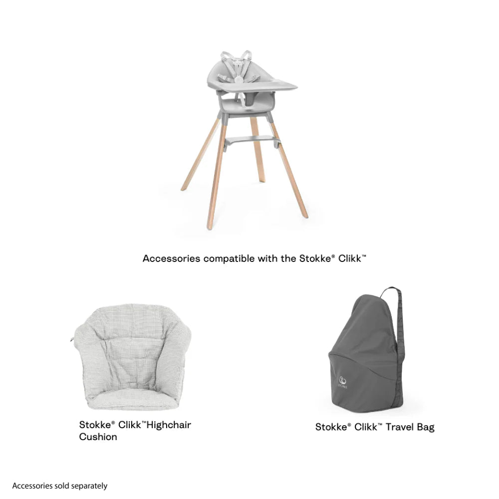 Stokke Clikk High Chair - Lightweight, Travel-Friendly Highchair for Baby with Tray & 5-Point Harness, Tool-Free Assembly in 1 Minute, Adjustable Footrest, Dishwasher-Safe BPA-Free Tray, Suitable for Babies & Toddlers 6-36 Months (Up to 15 kg) Grey