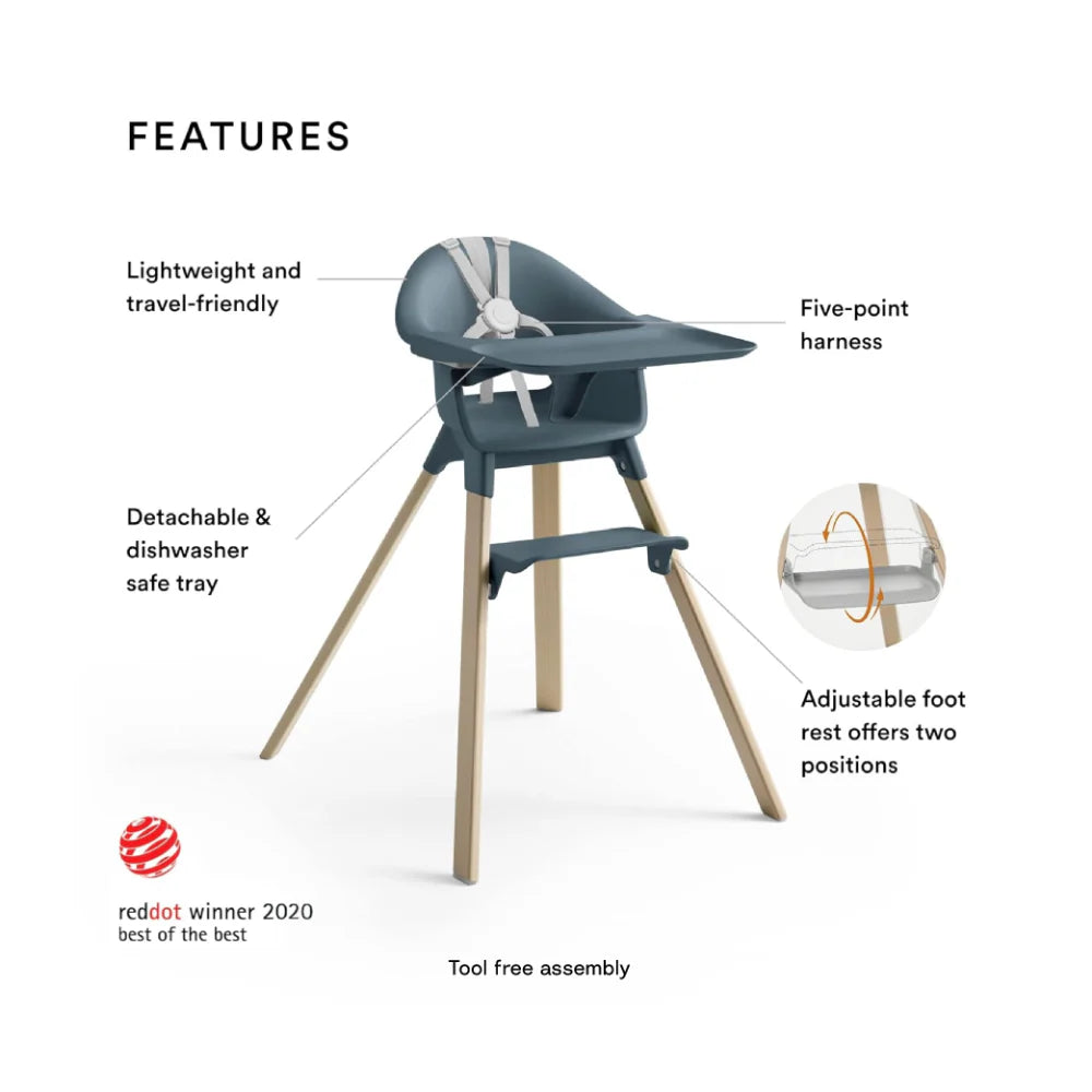 Stokke Clikk High Chair - Lightweight, Travel-Friendly Highchair for Baby with Tray & 5-Point Harness, Tool-Free Assembly in 1 Minute, Adjustable Footrest, Dishwasher-Safe BPA-Free Tray, Suitable for Babies & Toddlers 6-36 Months (Up to 15 kg) Fjord Blue