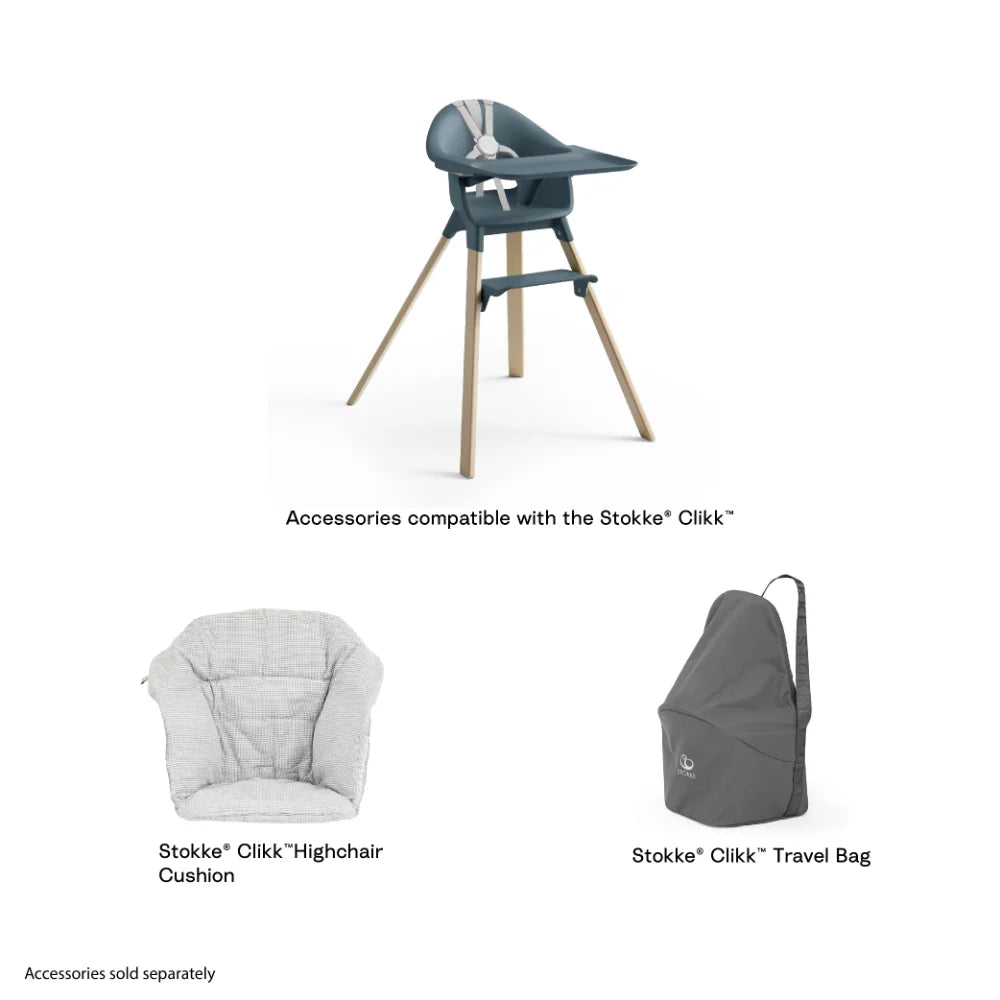 Stokke Clikk High Chair - Lightweight, Travel-Friendly Highchair for Baby with Tray & 5-Point Harness, Tool-Free Assembly in 1 Minute, Adjustable Footrest, Dishwasher-Safe BPA-Free Tray, Suitable for Babies & Toddlers 6-36 Months (Up to 15 kg) Fjord Blue