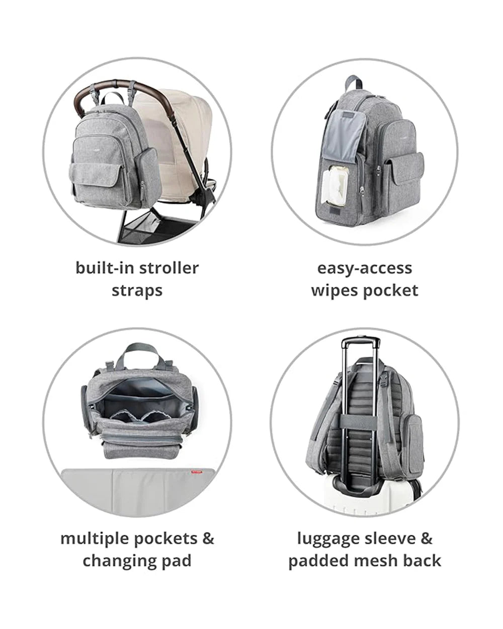 Skip Hop Luna Diaper Bag-Backpack-With Changing Pad-Wipes Pocket & Stroller Straps-Heather Grey