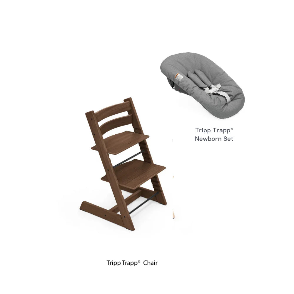 Stokke Tripp Trapp Oak Wood High Chair with Anthracite Newborn Set - Adjustable Wooden Highchair for Baby, Includes Newborn Seat with 5-Point Harness (Birth to 9 Months) & Ergonomic Chair for Babies to Adults, Timeless Scandinavian Design brown