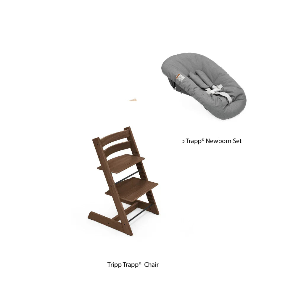 Stokke Tripp Trapp Oak Wood High Chair with Anthracite Newborn Set - Adjustable Wooden Highchair for Baby, Includes Newborn Seat with 5-Point Harness (Birth to 9 Months) & Ergonomic Chair for Babies to Adults, Timeless Scandinavian Design brown