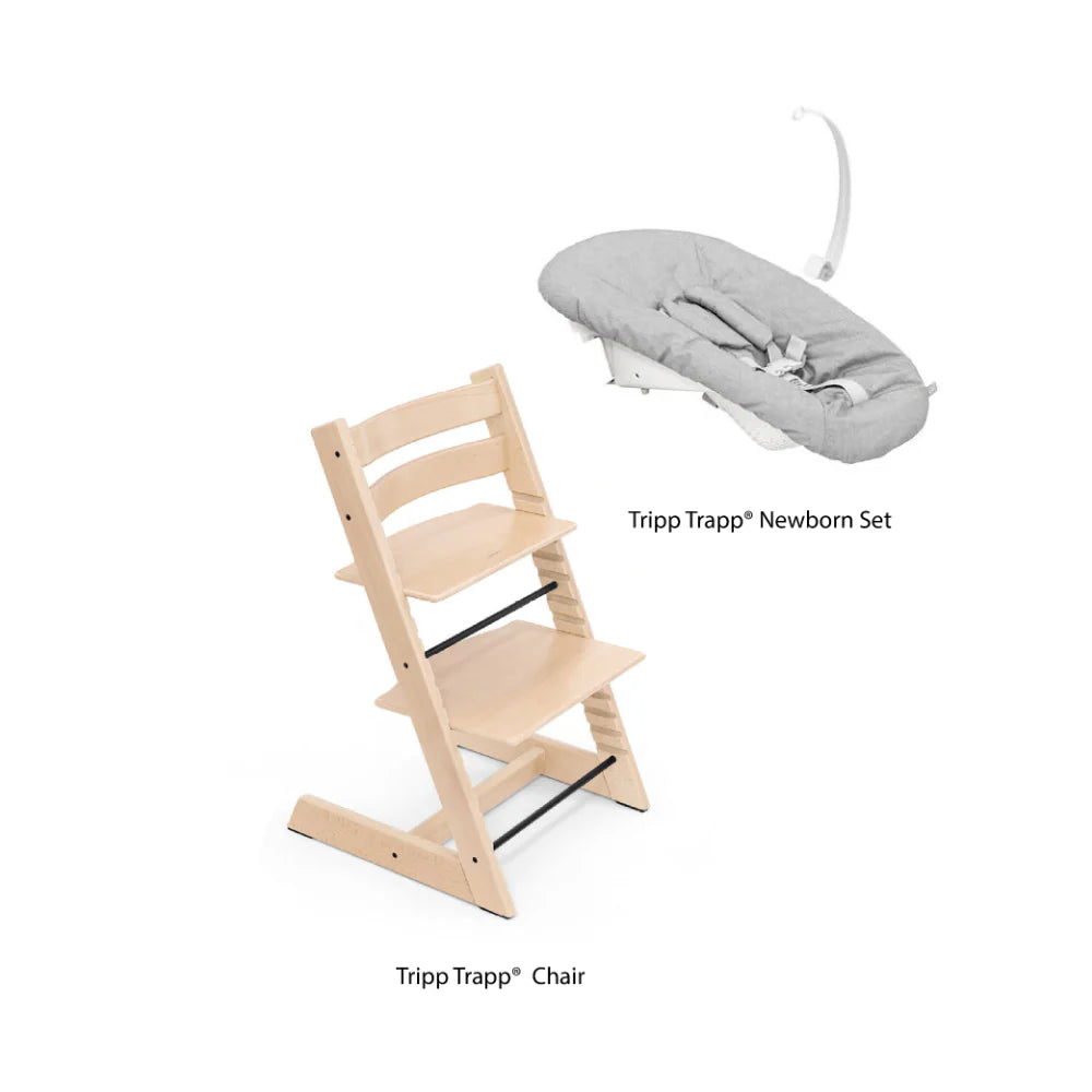 Stokke Tripp Trapp High Chair with Grey Newborn Set - Adjustable Wooden Highchair for Baby, Includes Newborn Seat with 5-Point Harness (Birth to 9 Months) & Ergonomic Chair for Babies to Adults, Timeless Scandinavian Design Natural