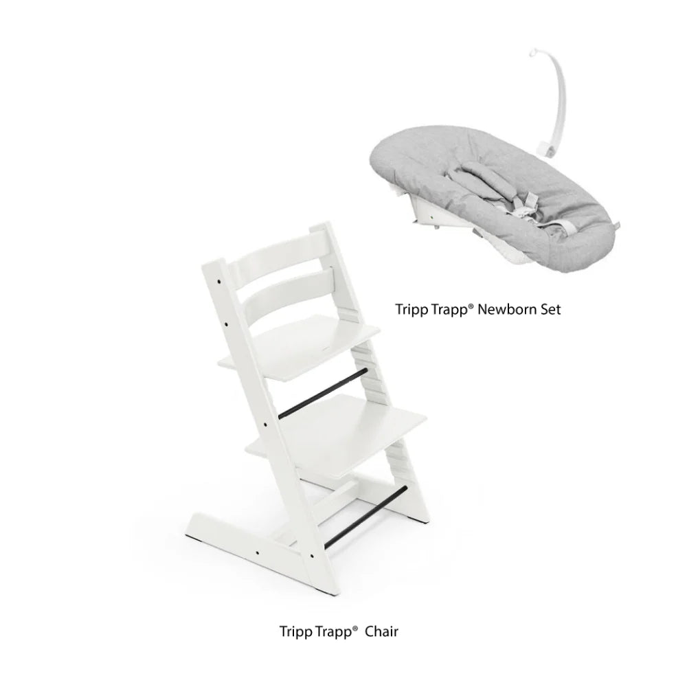 Stokke Tripp Trapp High Chair with Grey Newborn Set - Adjustable Wooden Highchair for Baby, Includes Newborn Seat with 5-Point Harness (Birth to 9 Months) & Ergonomic Chair for Babies to Adults, Timeless Scandinavian Design White