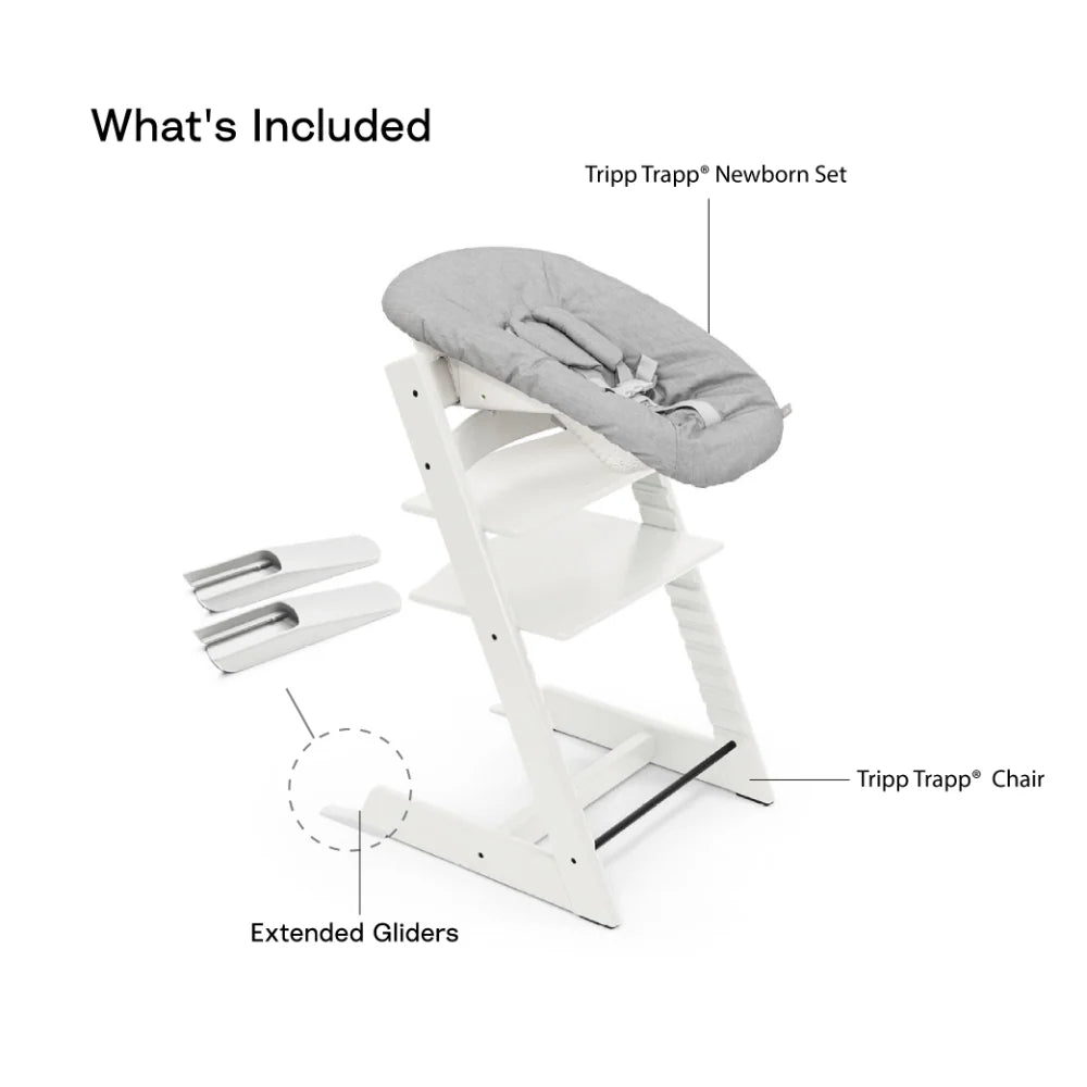Stokke Tripp Trapp High Chair with Grey Newborn Set - Adjustable Wooden Highchair for Baby, Includes Newborn Seat with 5-Point Harness (Birth to 9 Months) & Ergonomic Chair for Babies to Adults, Timeless Scandinavian Design White