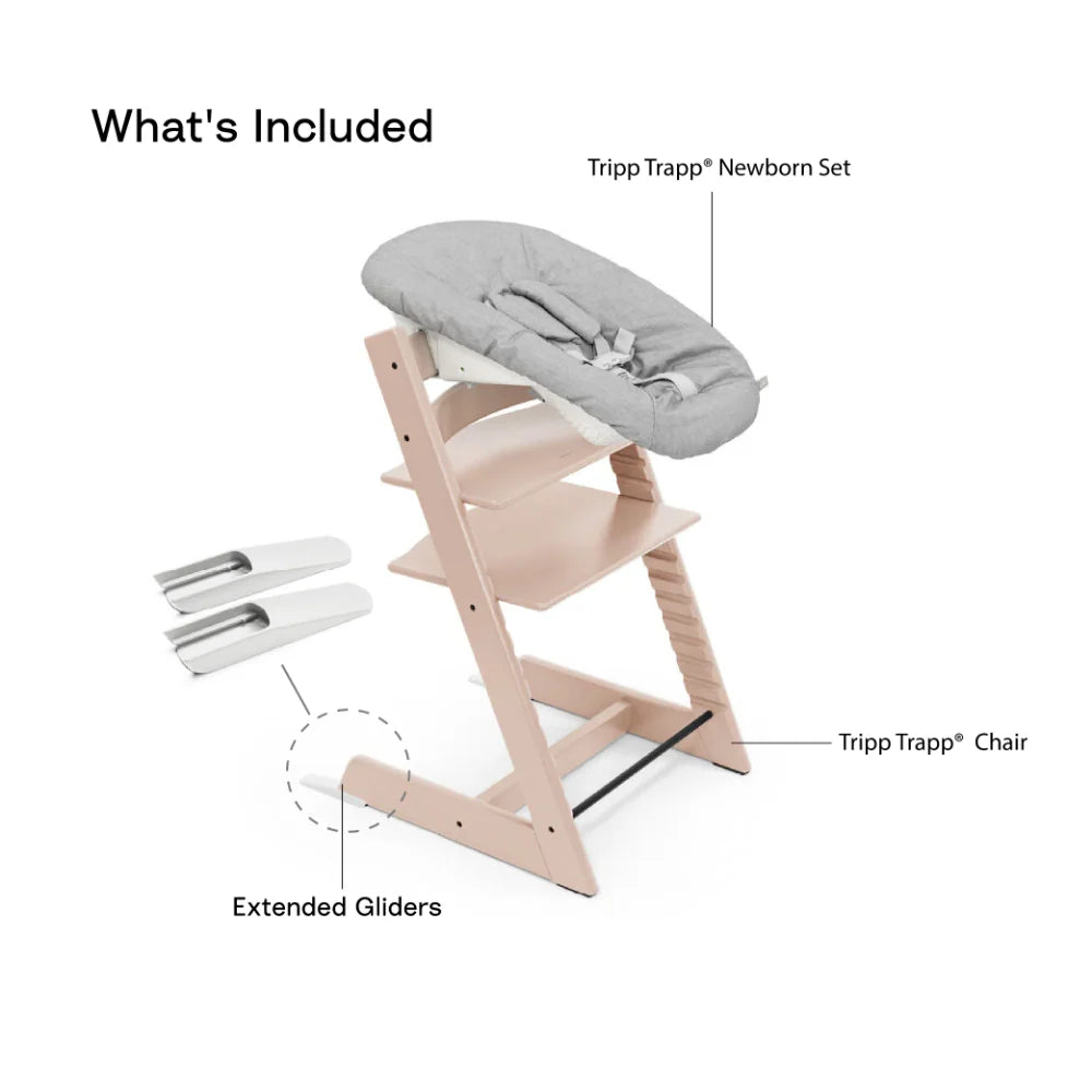 Stokke Tripp Trapp High Chair with Grey Newborn Set - Adjustable Wooden Highchair for Baby, Includes Newborn Seat with 5-Point Harness (Birth to 9 Months) & Ergonomic Chair for Babies to Adults, Timeless Scandinavian Design Pink