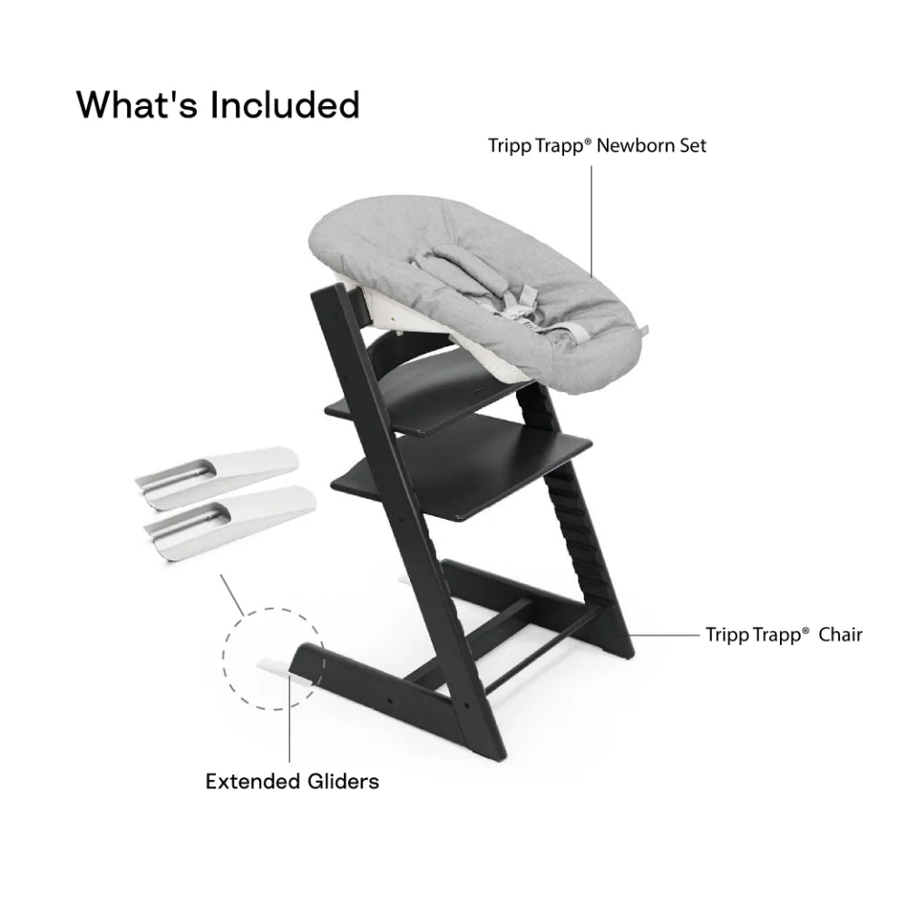 Stokke Tripp Trapp High Chair with Grey Newborn Set - Adjustable Wooden Highchair for Baby, Includes Newborn Seat with 5-Point Harness (Birth to 9 Months) & Ergonomic Chair for Babies to Adults, Timeless Scandinavian Design Black