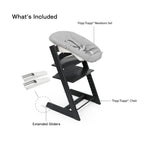 Stokke Tripp Trapp High Chair with Grey Newborn Set - Adjustable Wooden Highchair for Baby, Includes Newborn Seat with 5-Point Harness (Birth to 9 Months) & Ergonomic Chair for Babies to Adults, Timeless Scandinavian Design Black