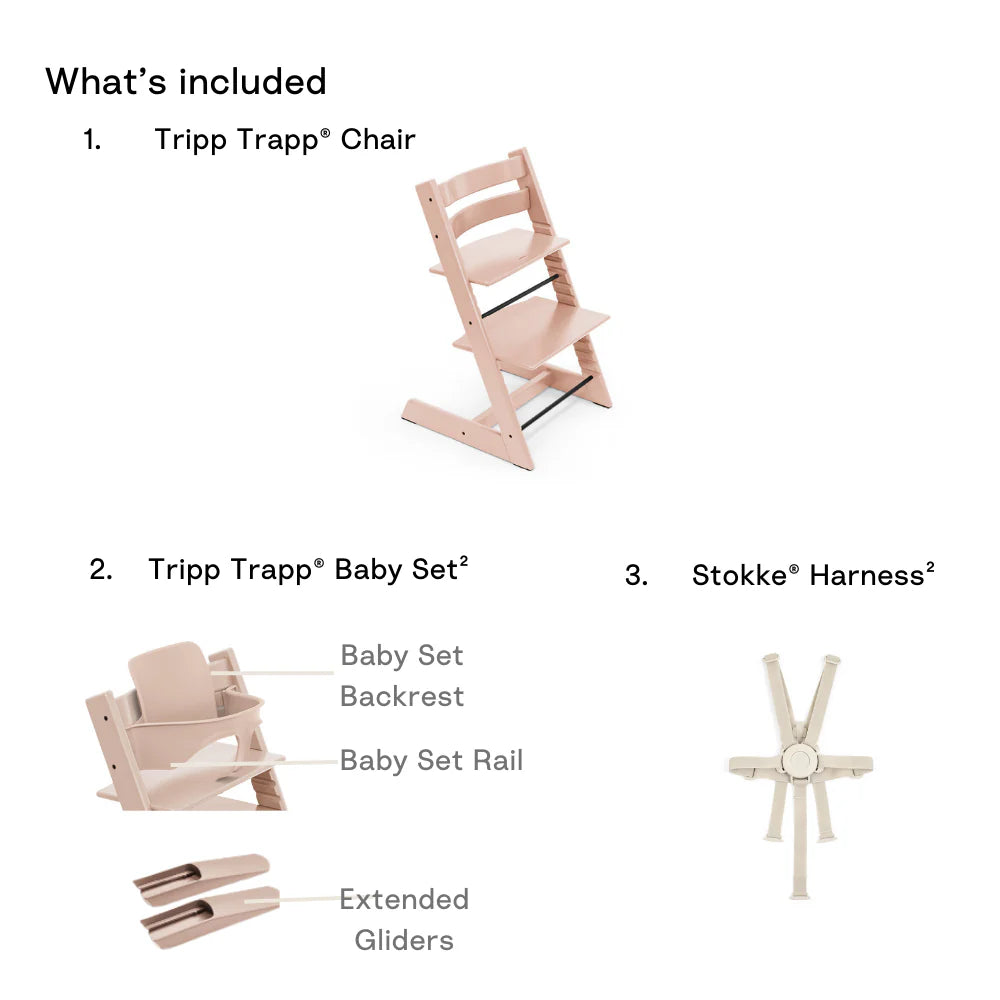 Stokke Tripp Trapp Highchair with Baby Set & Harness - Adjustable Wooden Highchair for Baby & Toddler, Includes Baby Set & 5-Point Safety Harness (6 Months to 3 Years), Ergonomic Chair for Babies to Adults, Timeless Scandinavian Design- Serene Pink
