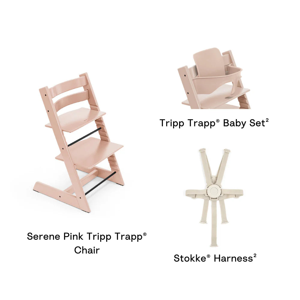 Stokke Tripp Trapp Highchair with Baby Set & Harness - Adjustable Wooden Highchair for Baby & Toddler, Includes Baby Set & 5-Point Safety Harness (6 Months to 3 Years), Ergonomic Chair for Babies to Adults, Timeless Scandinavian Design- Serene Pink