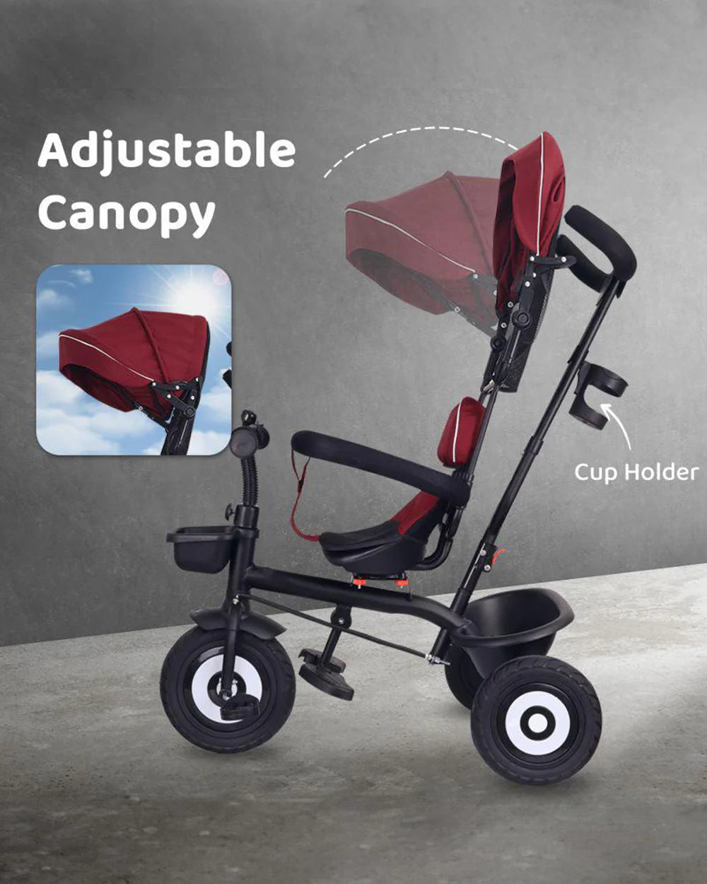 R for Rabbit Tiny Toes T40 Plus Tricycle-360 Degree Rotatable Seat-Adjustable Canopy-1.5Y to 5Y (Upto 25Kg)-Maroon Black