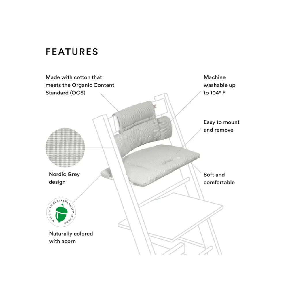 Stokke Tripp Trapp Classic Cushion – Soft & Supportive Seat Cushion for Tripp Trapp Highchair, Fits All Tripp Trapp Chairs with or without Baby Set, Water-Repellent, Anti-Slip & Easy to Clean, Organic Cotton- Nordic Grey