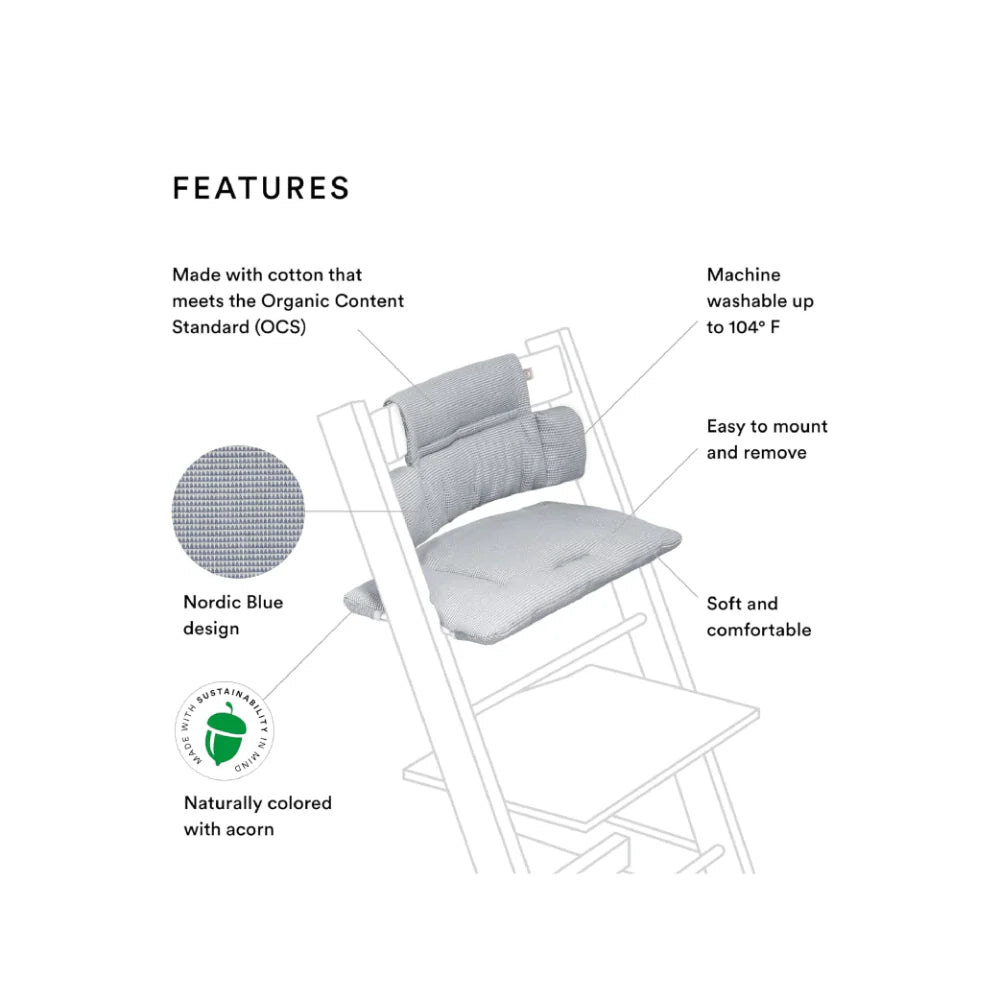 Stokke Tripp Trapp Classic Cushion – Soft & Supportive Seat Cushion for Tripp Trapp Highchair, Fits All Tripp Trapp Chairs with or without Baby Set, Water-Repellent, Anti-Slip & Easy to Clean, Organic Cotton- Nordic Blue