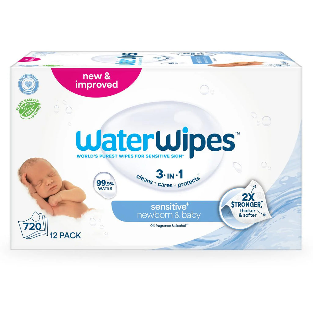 WaterWipes Sensitive+ Newborn & Baby Wipes, 3-in-1 Cleans, Cares & Protects 99.9% Water • Unscented & Hypoallergenic • 720 Count (12 Packs)