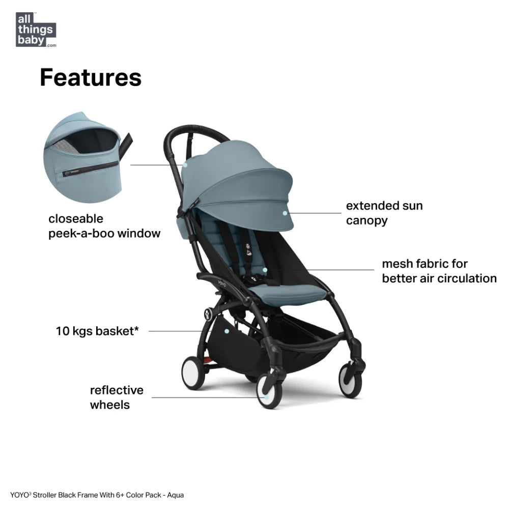 Stokke YOYO³ Stroller – Black Frame & 6 Months+ Color Pack – Lightweight, Compact, Foldable & Travel Friendly Stoller with Padded Seat & Canopy with Viewing Window, UPF 50 Months+ Sun Protection, Stroller for Babies from 6 Months to 4 Years-Aqua