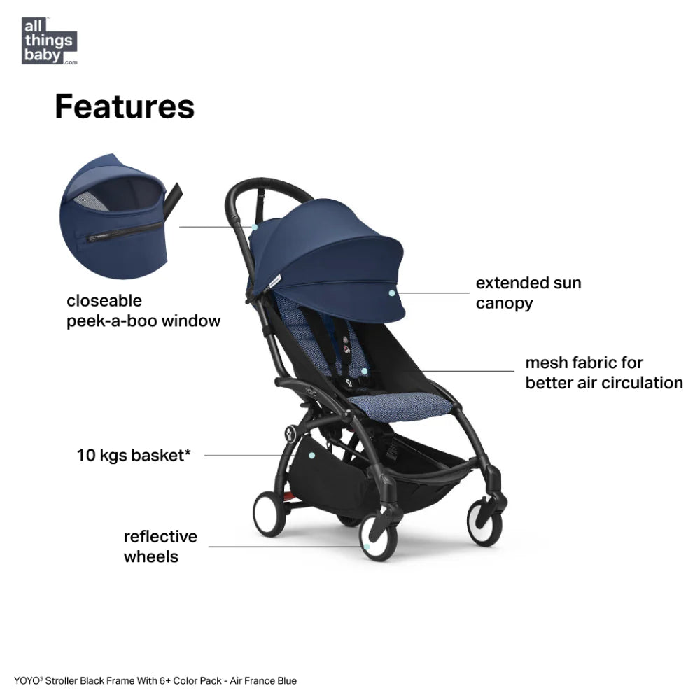 Stokke YOYO³ Stroller – Black Frame & 6 Months+ Color Pack – Lightweight, Compact, Foldable & Travel Friendly Stoller with Padded Seat & Canopy with Viewing Window, UPF 50 Months+ Sun Protection, Stroller for Babies from 6 Months to 4 Years-Air France