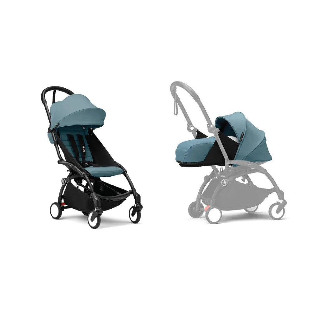 Stokke YOYO³ Complete Stroller With Newborn Pack – Black Frame, 0 Months+ Newborn Pack & 6 Months+ Color Pack, Flat-Lying Seat with Padded Mattress & Head Support, 5-Point Harness, Foldable & Travel-Friendly-Aqua