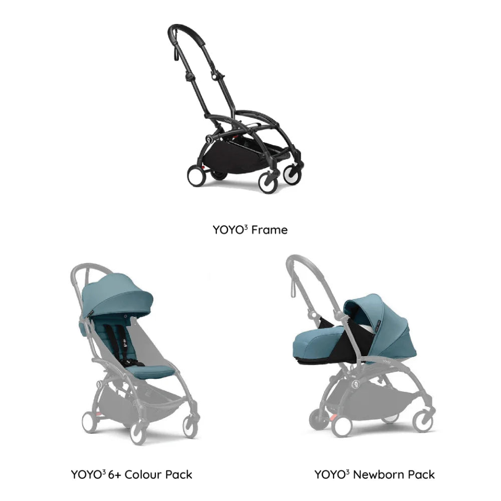 Stokke YOYO³ Complete Stroller With Newborn Pack – Black Frame, 0 Months+ Newborn Pack & 6 Months+ Color Pack, Flat-Lying Seat with Padded Mattress & Head Support, 5-Point Harness, Foldable & Travel-Friendly-Aqua