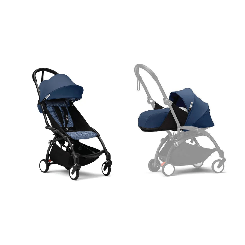 Stokke YOYO³ Complete Stroller With Newborn Pack – Black Frame, 0 Months+ Newborn Pack & 6 Months+ Color Pack, Flat-Lying Seat with Padded Mattress & Head Support, 5-Point Harness, Foldable & Travel-Friendly-Air france